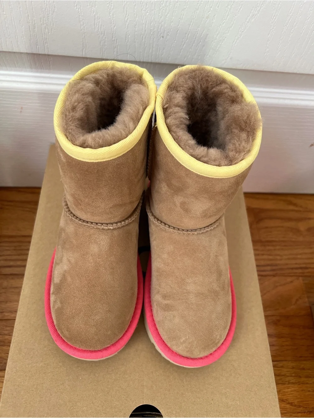 Kids Brown Suede Winter Boots with Pink Trim and Yellow Collar